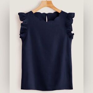 Navy scallop neck sleeveless ruffle blouse with small keyhole back, Large.